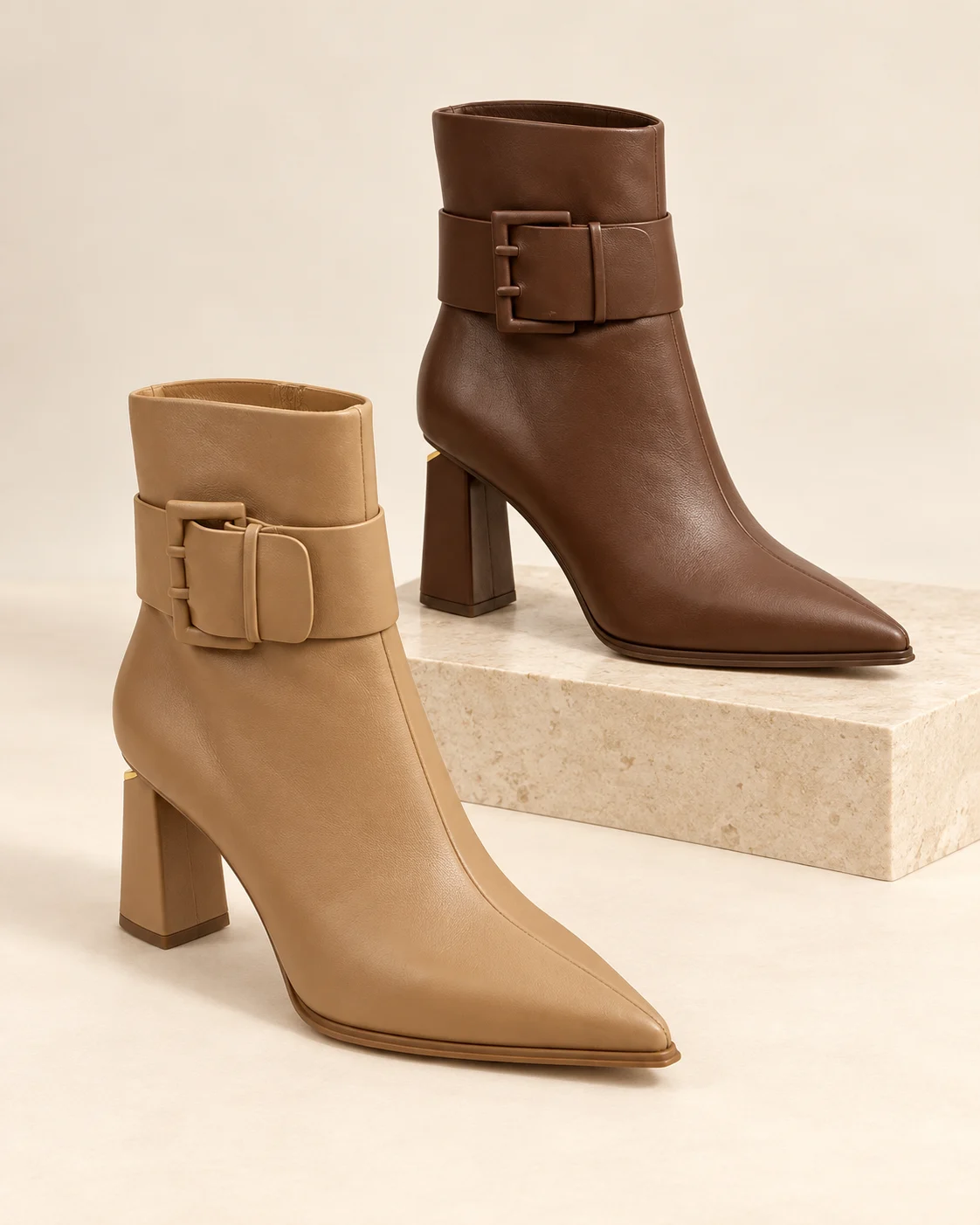 AI-styled studio display of pointed ankle boots with tonal buckle straps