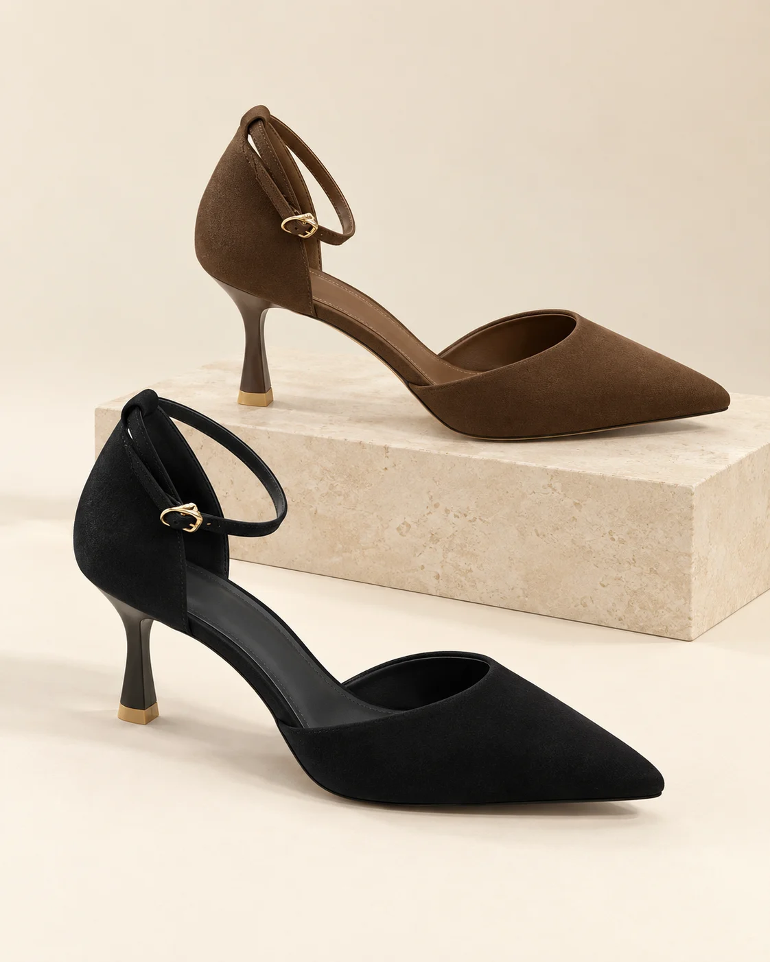 AI-styled studio display of open-side D’Orsay shoes with ankle straps