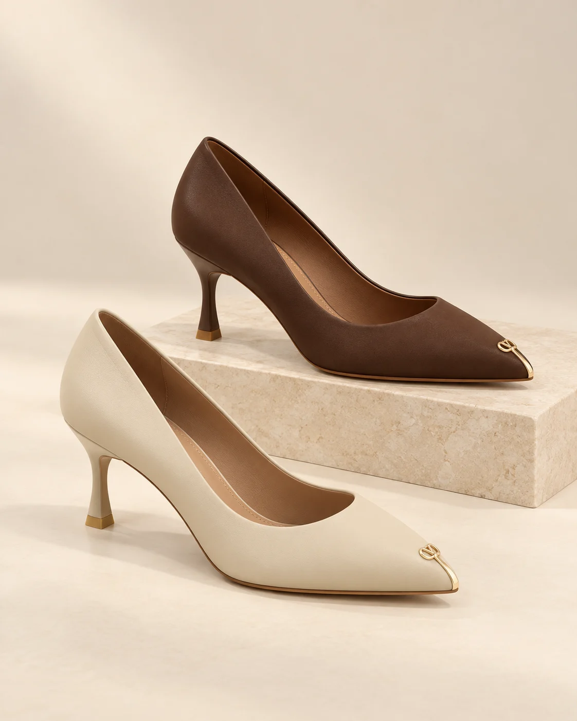 AI-styled studio display of pointed pumps in YUNAI-inspired colorways