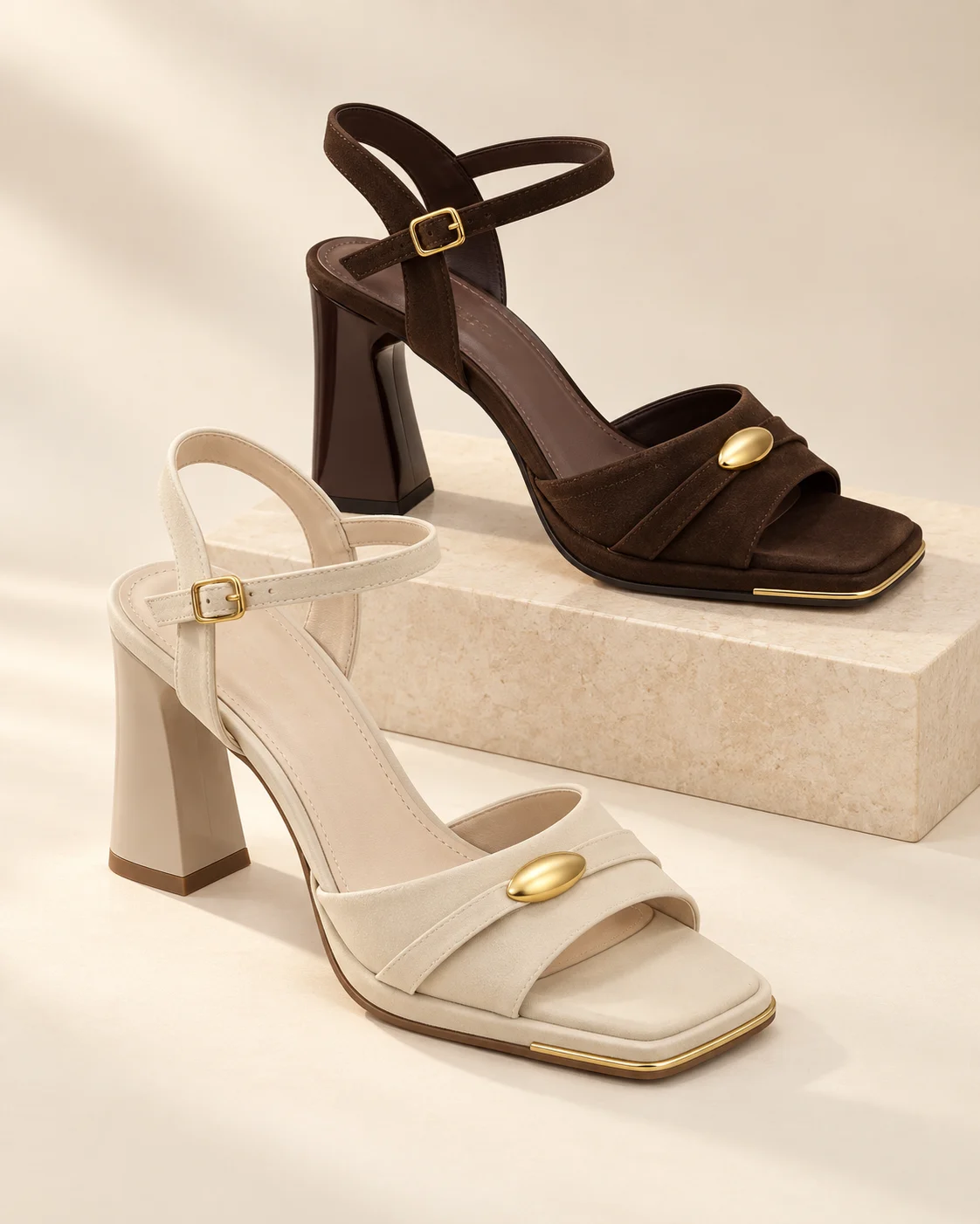 AI-styled studio display of open-toe block-heel sandals