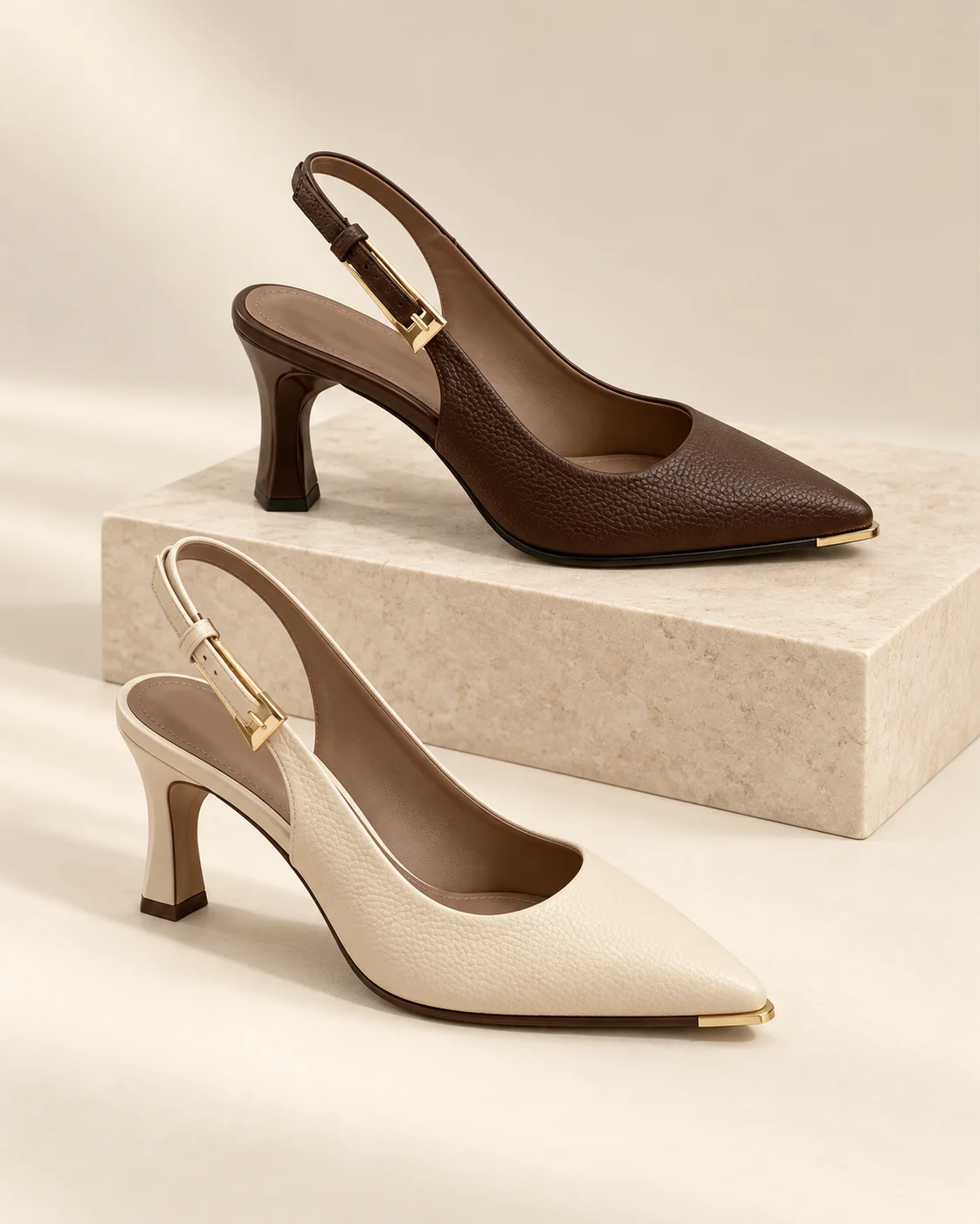 AI-styled studio display of pointed slingbacks with open heel straps